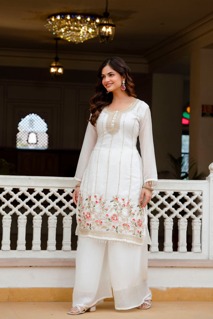 White Beads Work Kurti Set