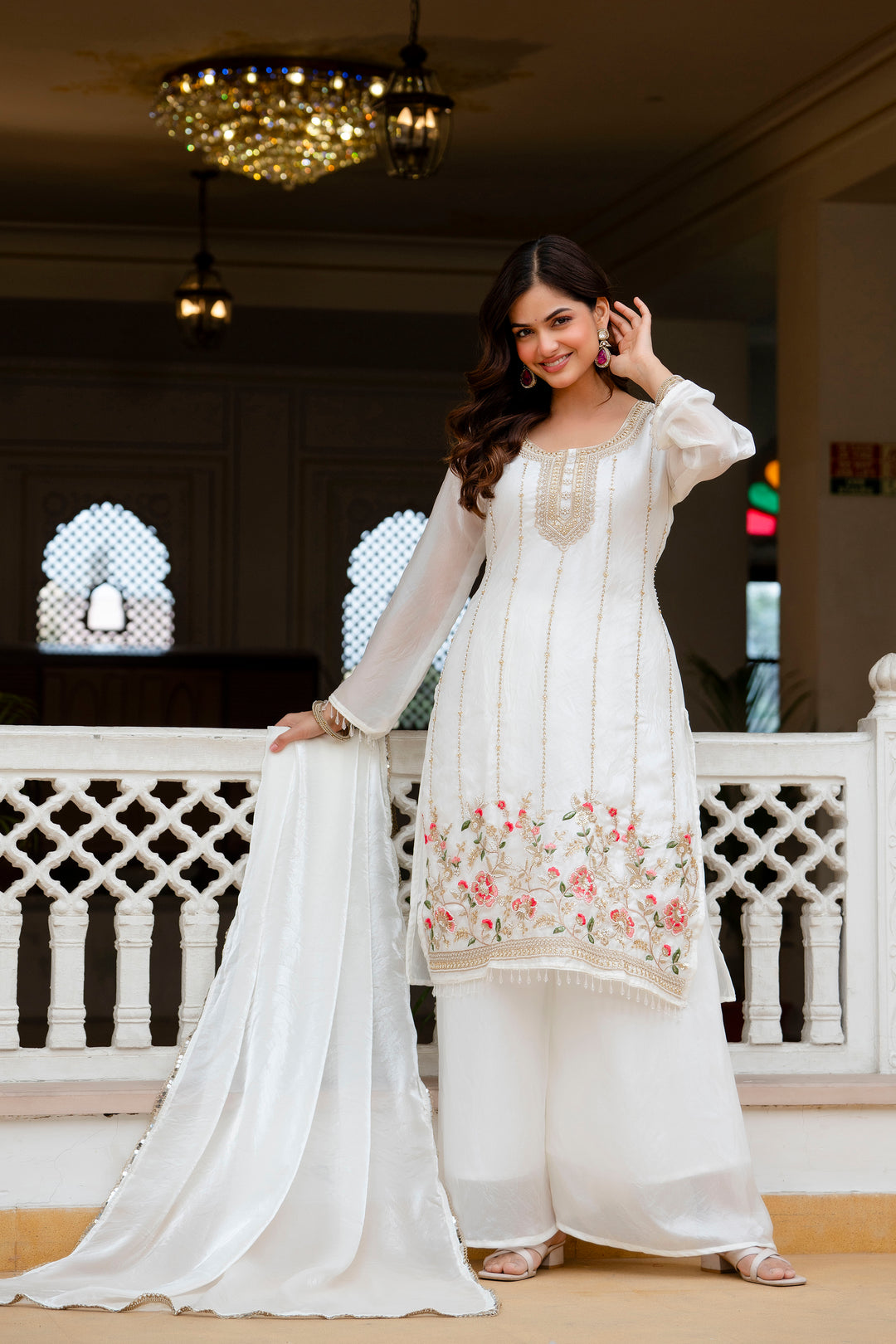 White Beads Work Kurti Set