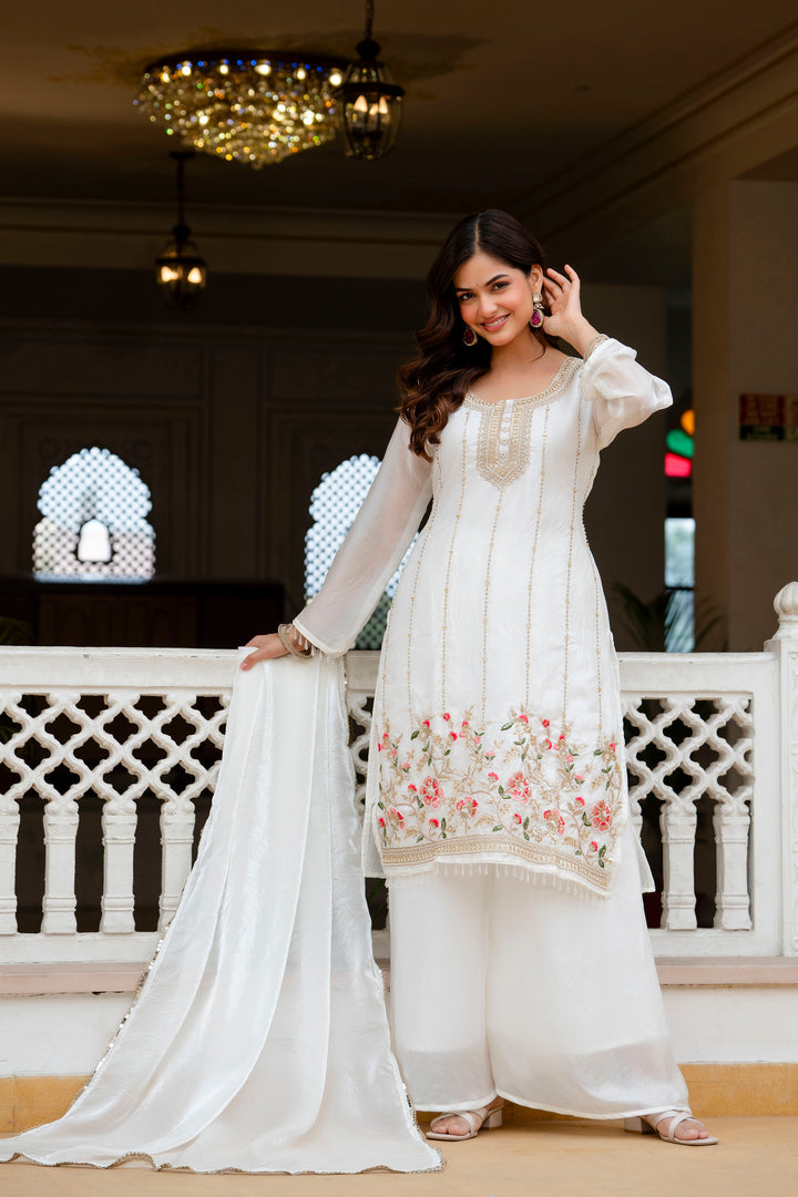 White Beads Work Kurti Set