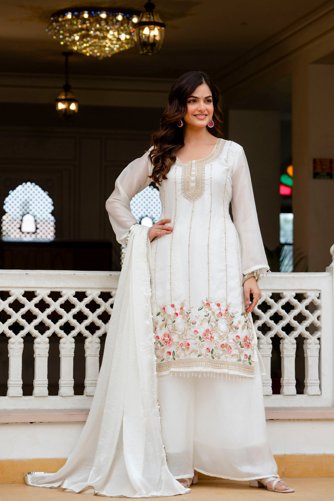 White Beads Work Kurti Set