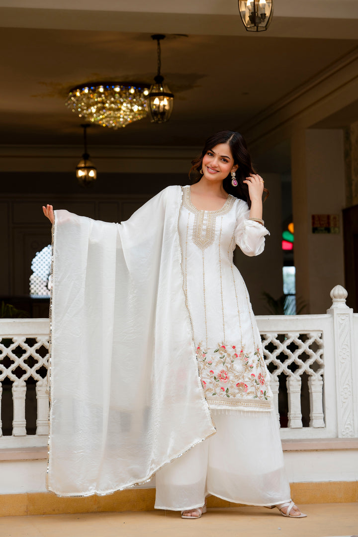 White Beads Work Kurti Set