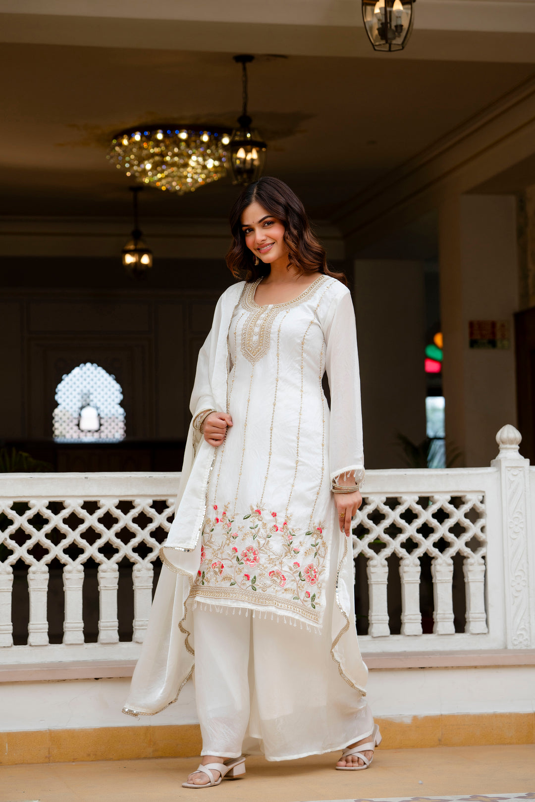 White Beads Work Kurti Set
