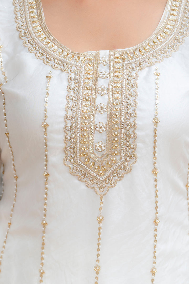 White Beads Work Kurti Set
