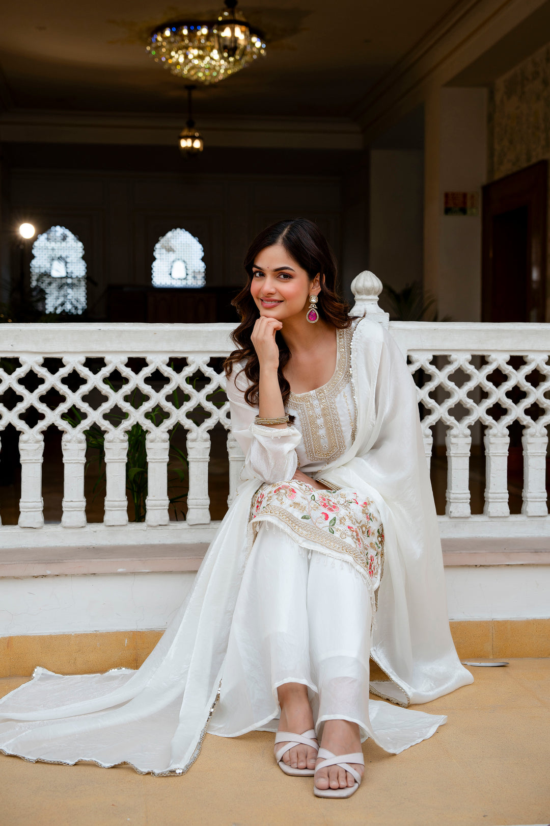 White Beads Work Kurti Set