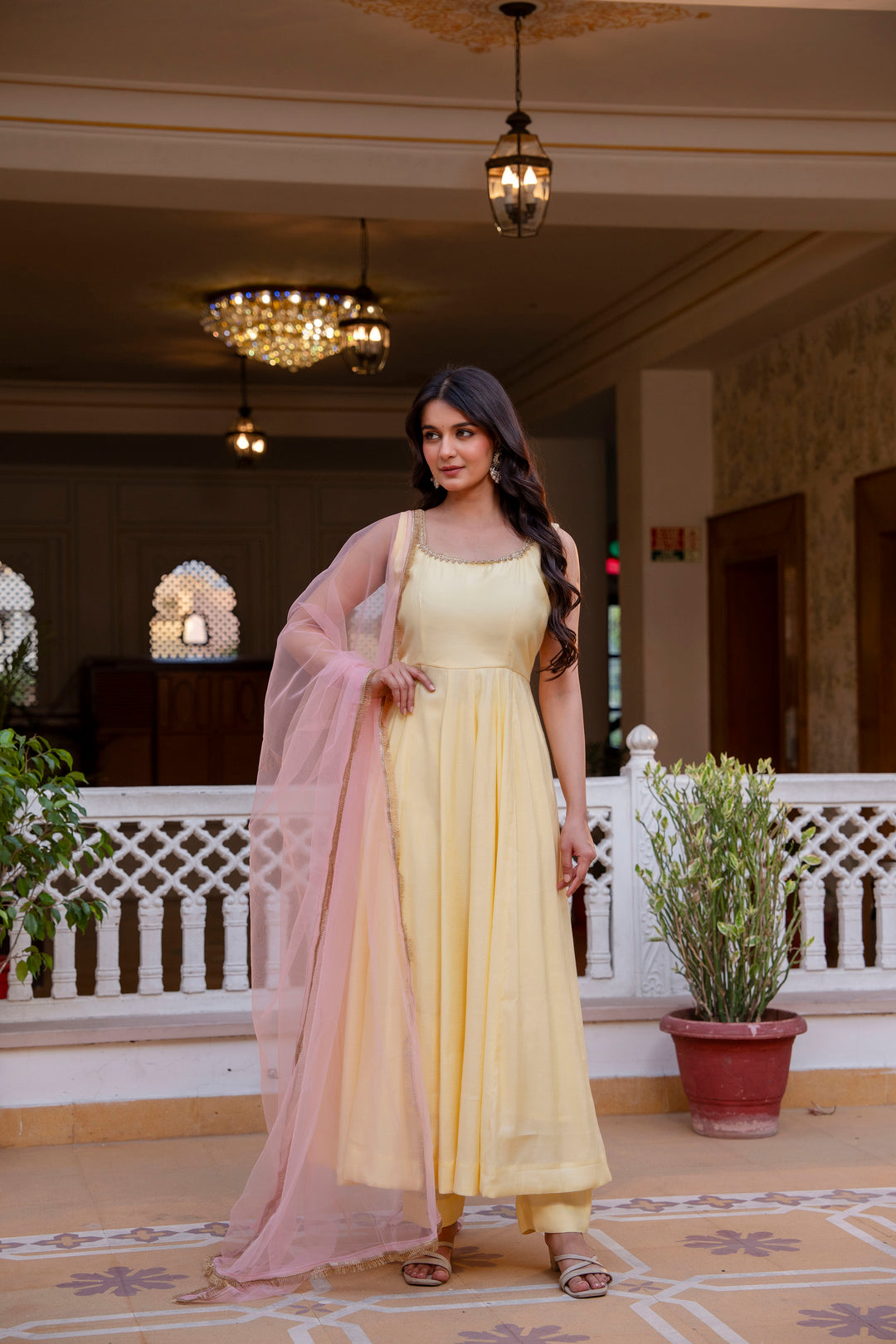 yellow color roman cotton anarkali Gown