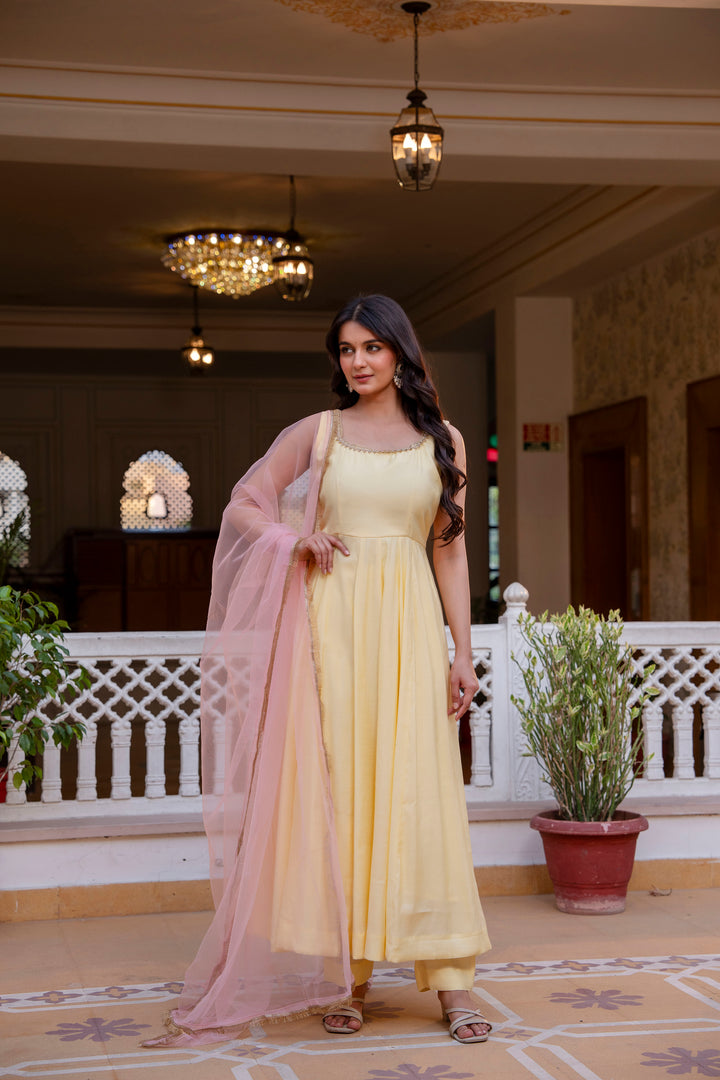 yellow color roman cotton anarkali Gown