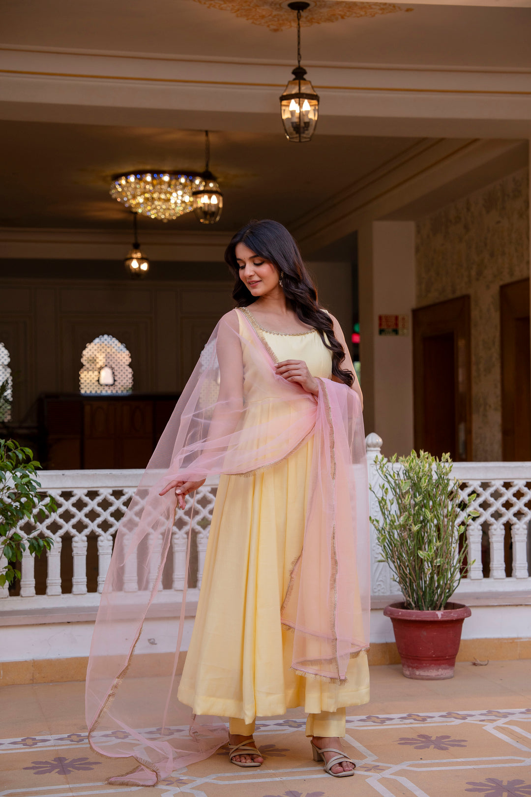 yellow color roman cotton anarkali Gown