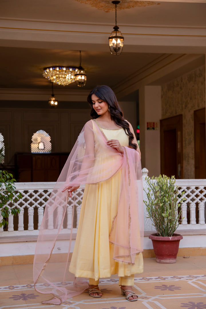yellow color roman cotton anarkali Gown