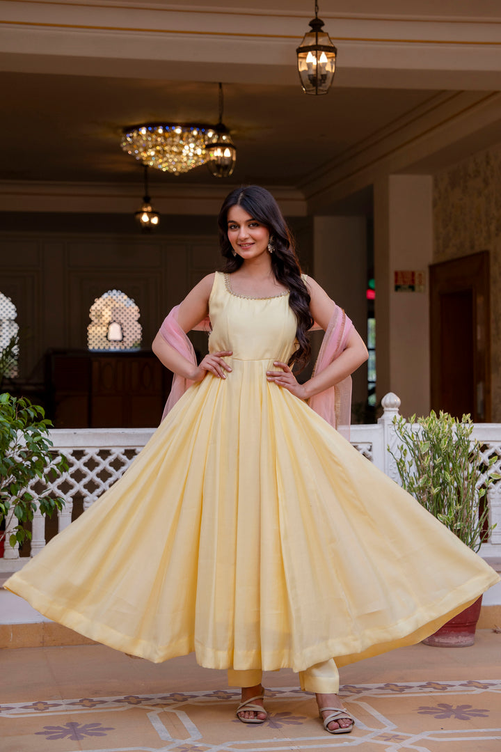 yellow color roman cotton anarkali Gown