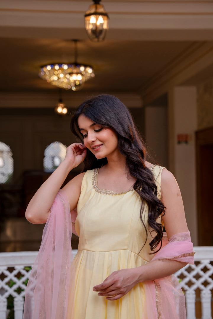 yellow color roman cotton anarkali Gown