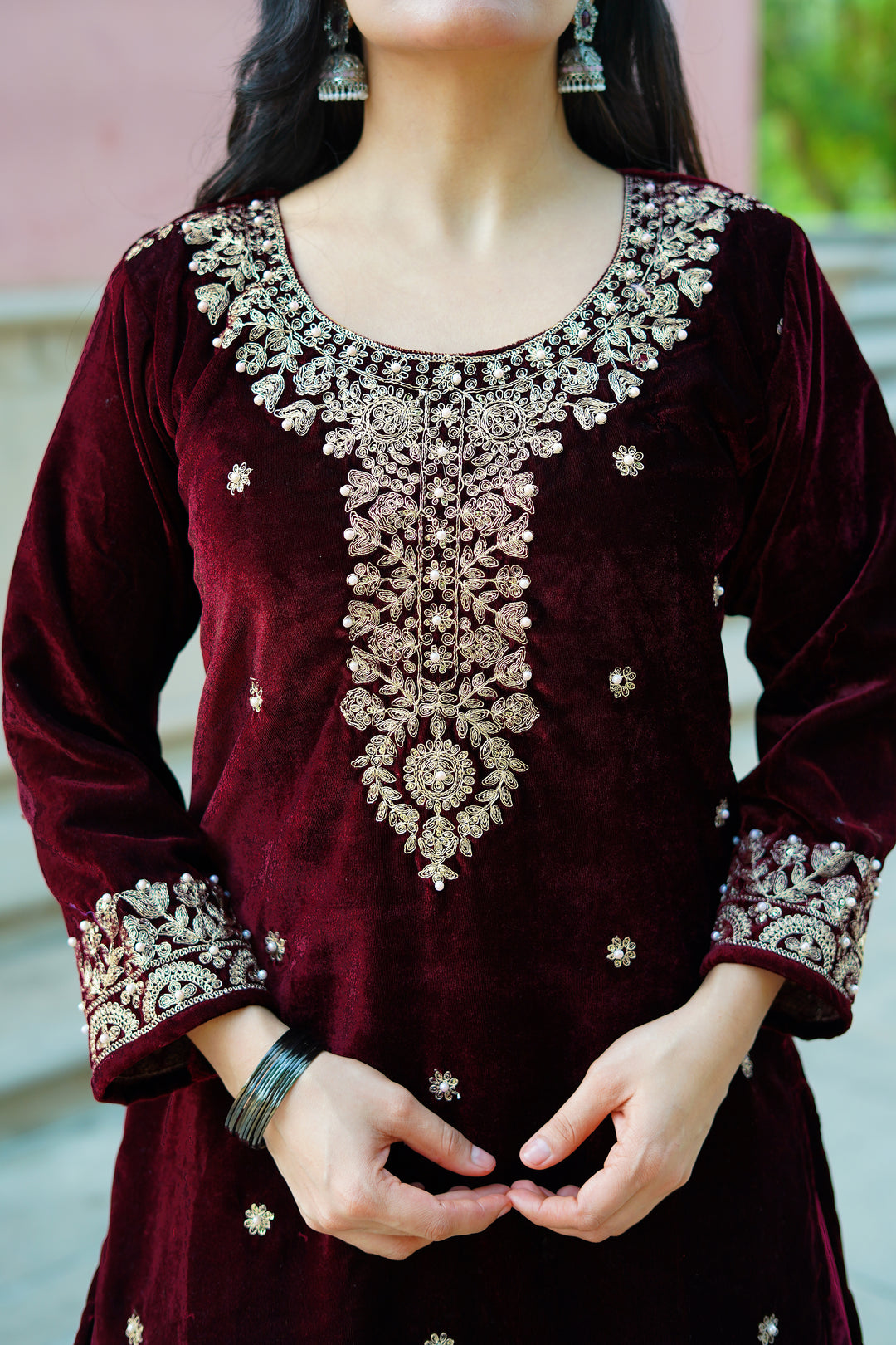 maroon velvet kurti set
