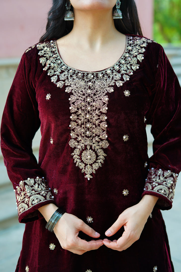 maroon velvet kurti set