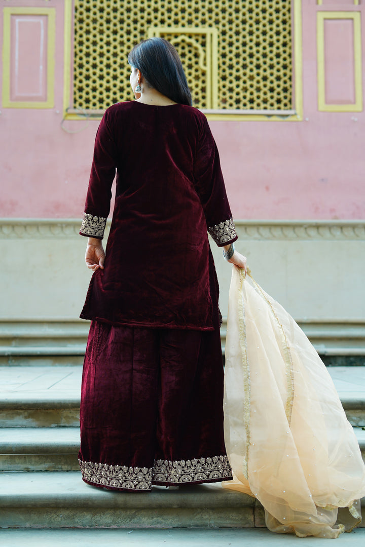 maroon velvet kurti set