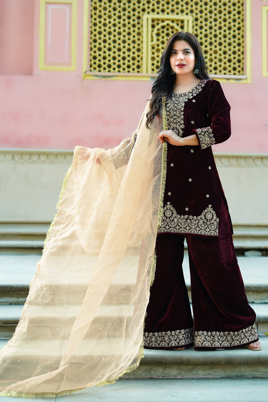 maroon velvet kurti set