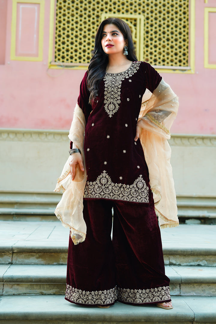 maroon velvet kurti set