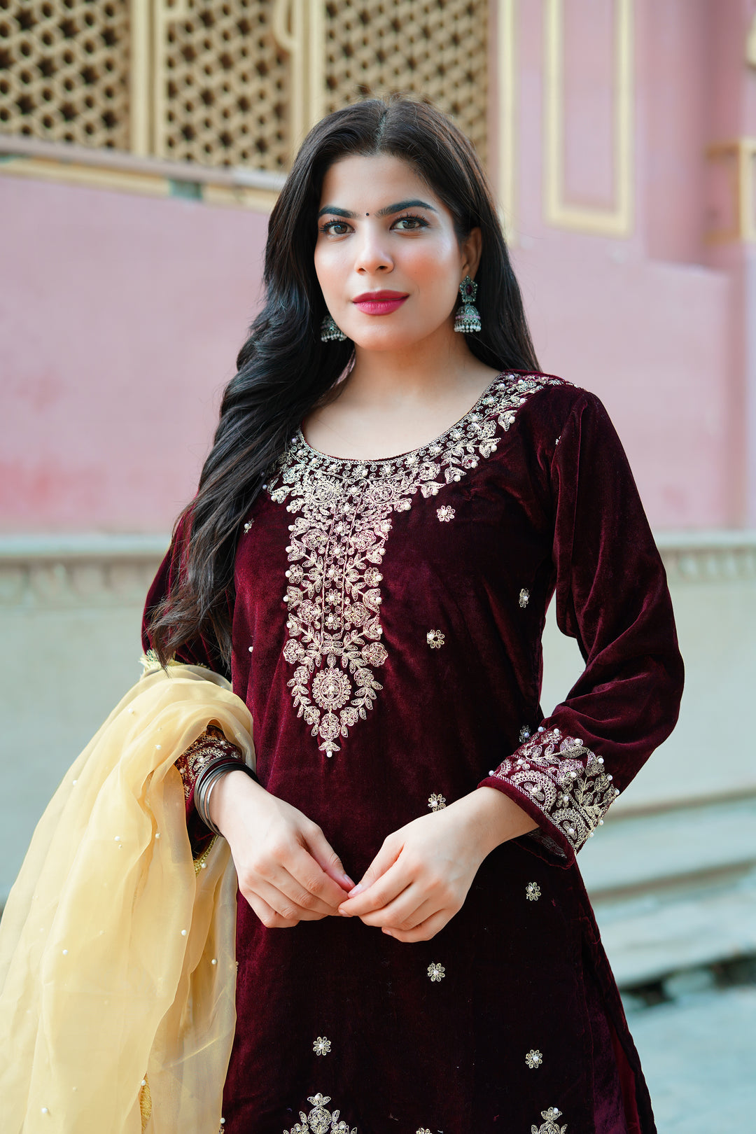 maroon velvet kurti set