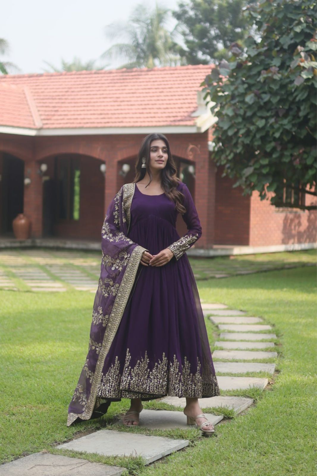Wine Color Faux Blooming Georgette Gown with Embroidered Dupatta