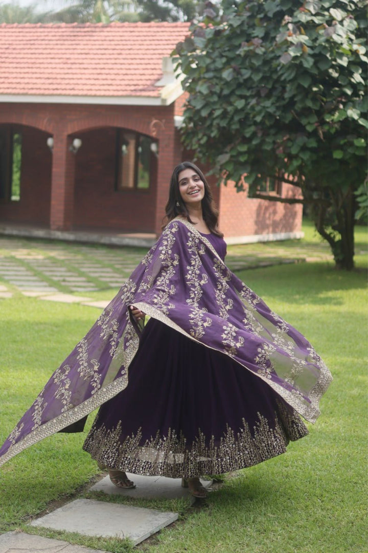 Wine Color Faux Blooming Georgette Gown with Embroidered Dupatta