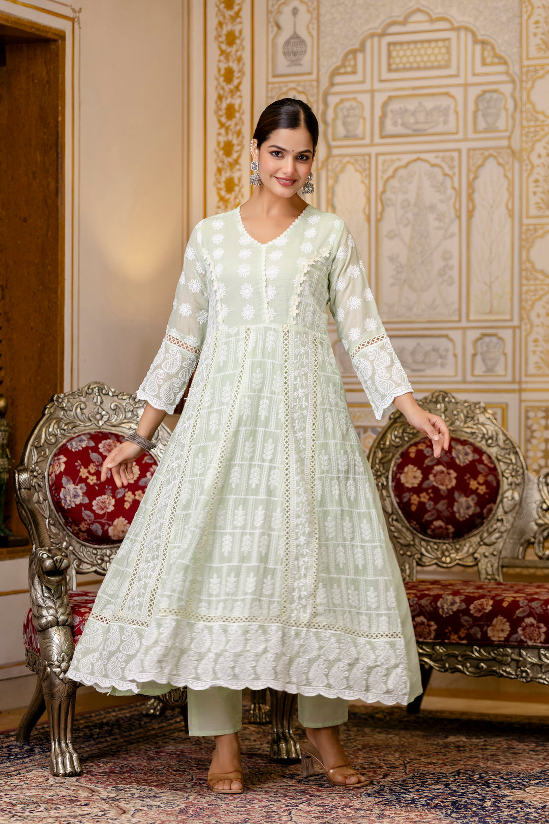 Pure Cotton Pista Color Anarkali Gown