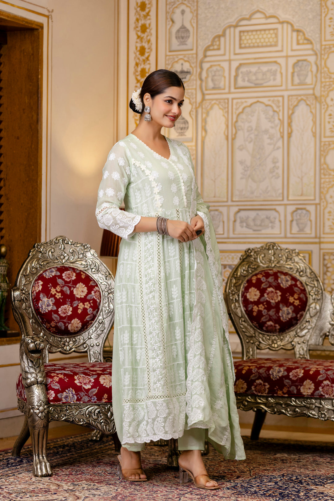 Pure Cotton Pista Color Anarkali Gown