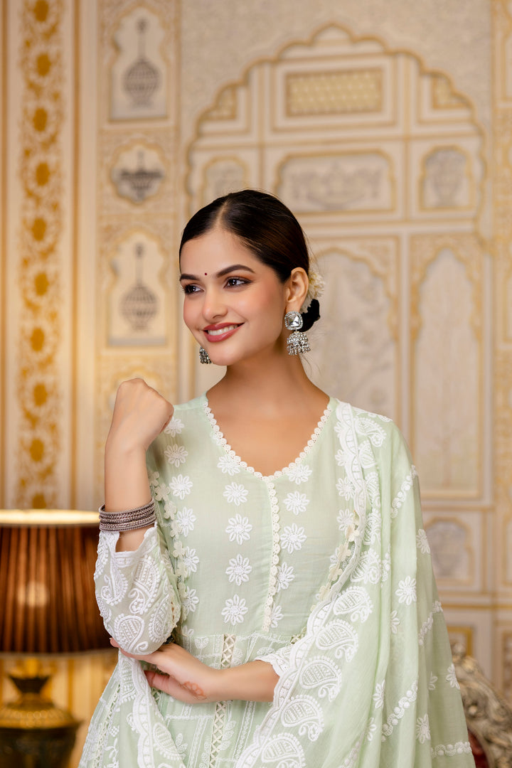 Pure Cotton Pista Color Anarkali Gown