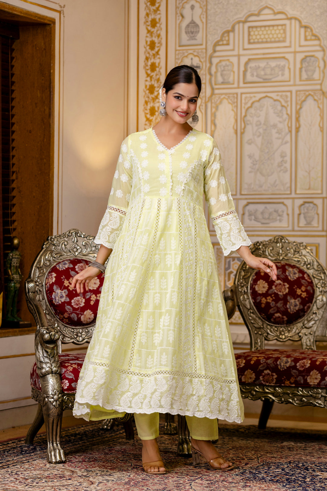 Pure Cotton Lemmon yellow Color Anarkali Gown