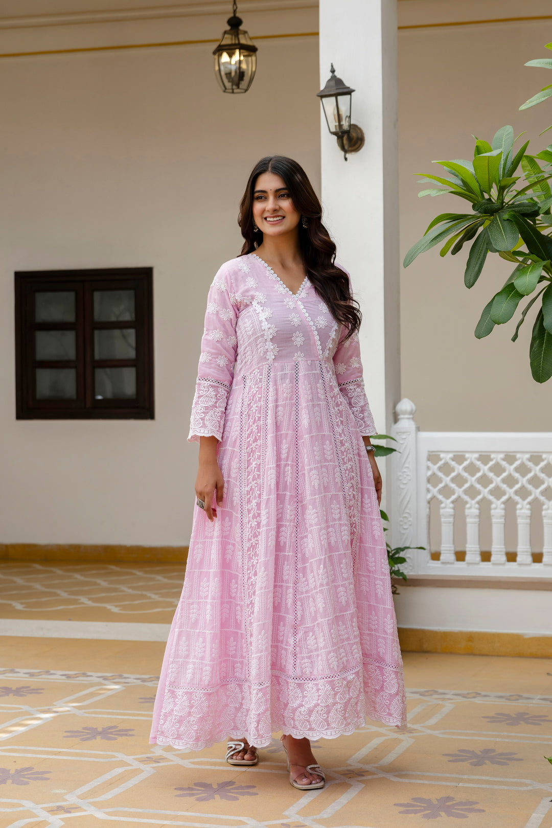 Pure Cotton Pink Color Anarkali Gown