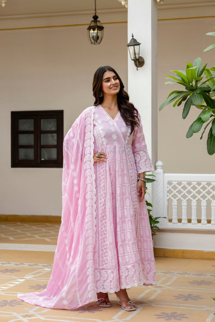 Pure Cotton Pink Color Anarkali Gown