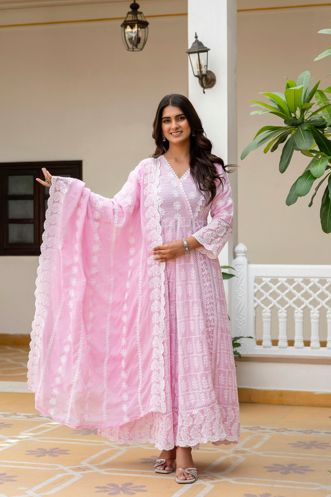 Pure Cotton Pink Color Anarkali Gown