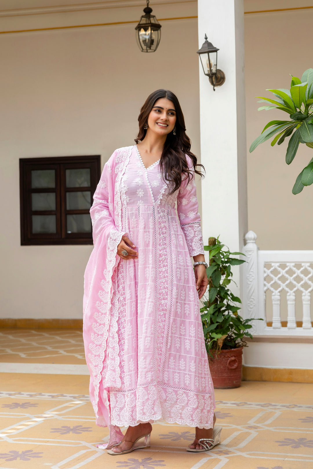 Pure Cotton Pink Color Anarkali Gown