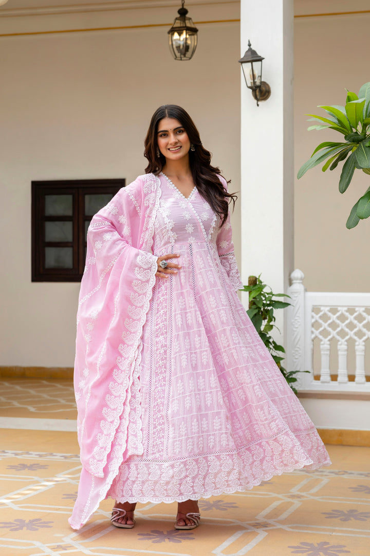 Pure Cotton Pink Color Anarkali Gown
