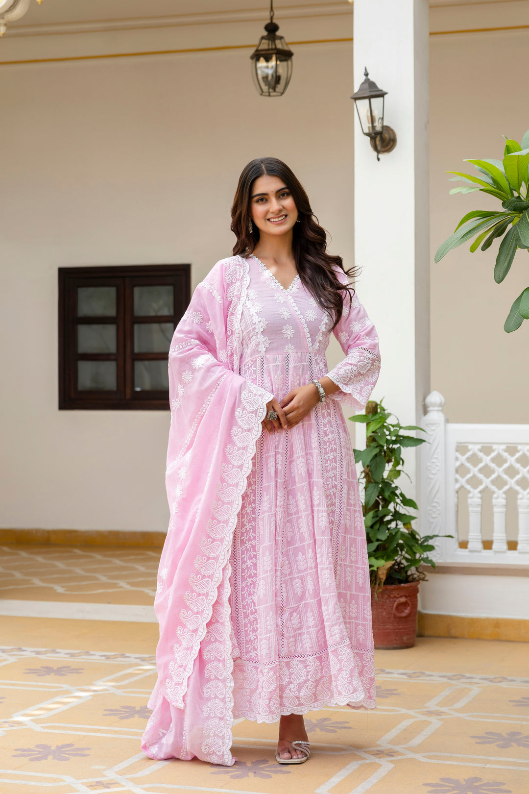 Pure Cotton Pink Color Anarkali Gown