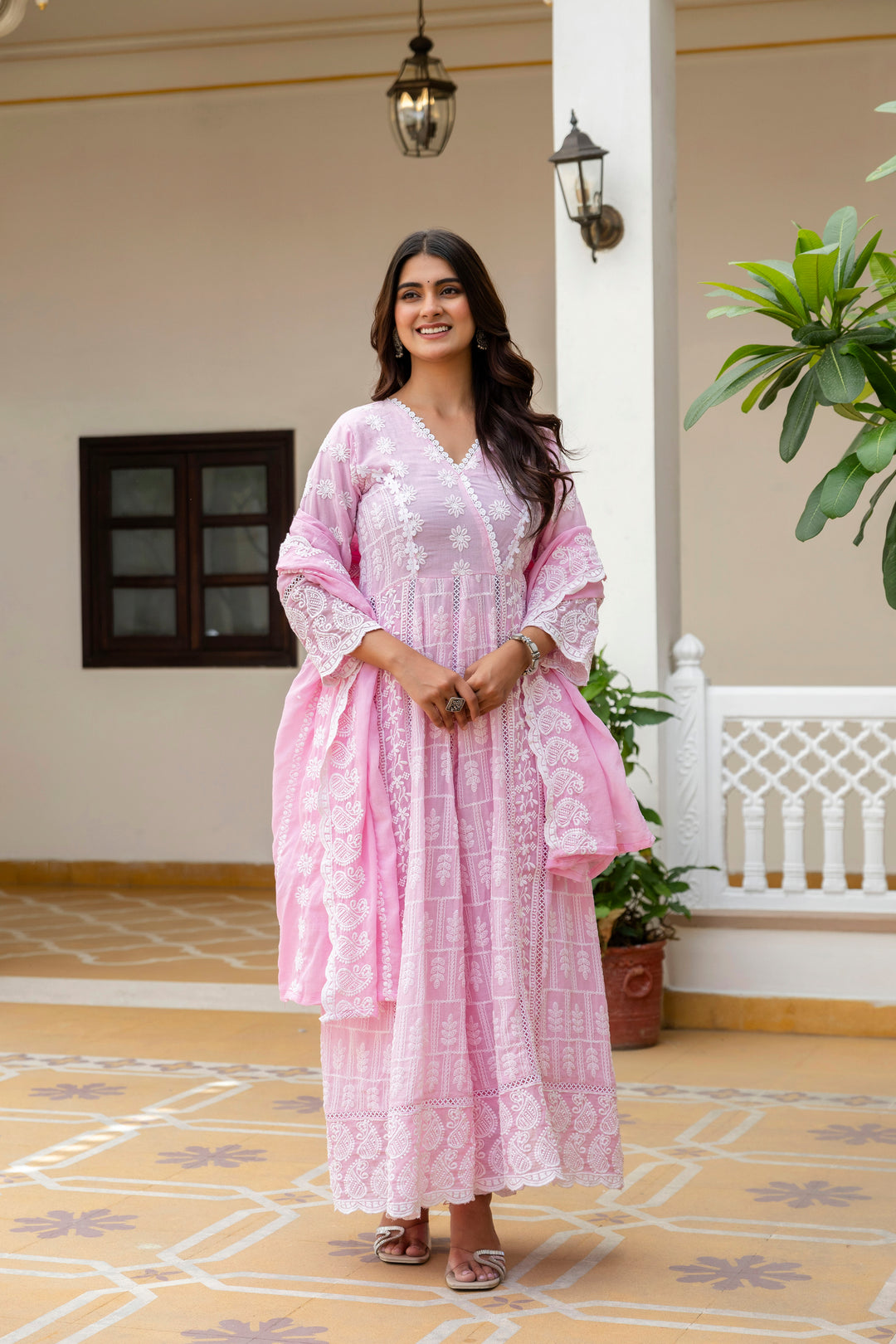 Pure Cotton Pink Color Anarkali Gown