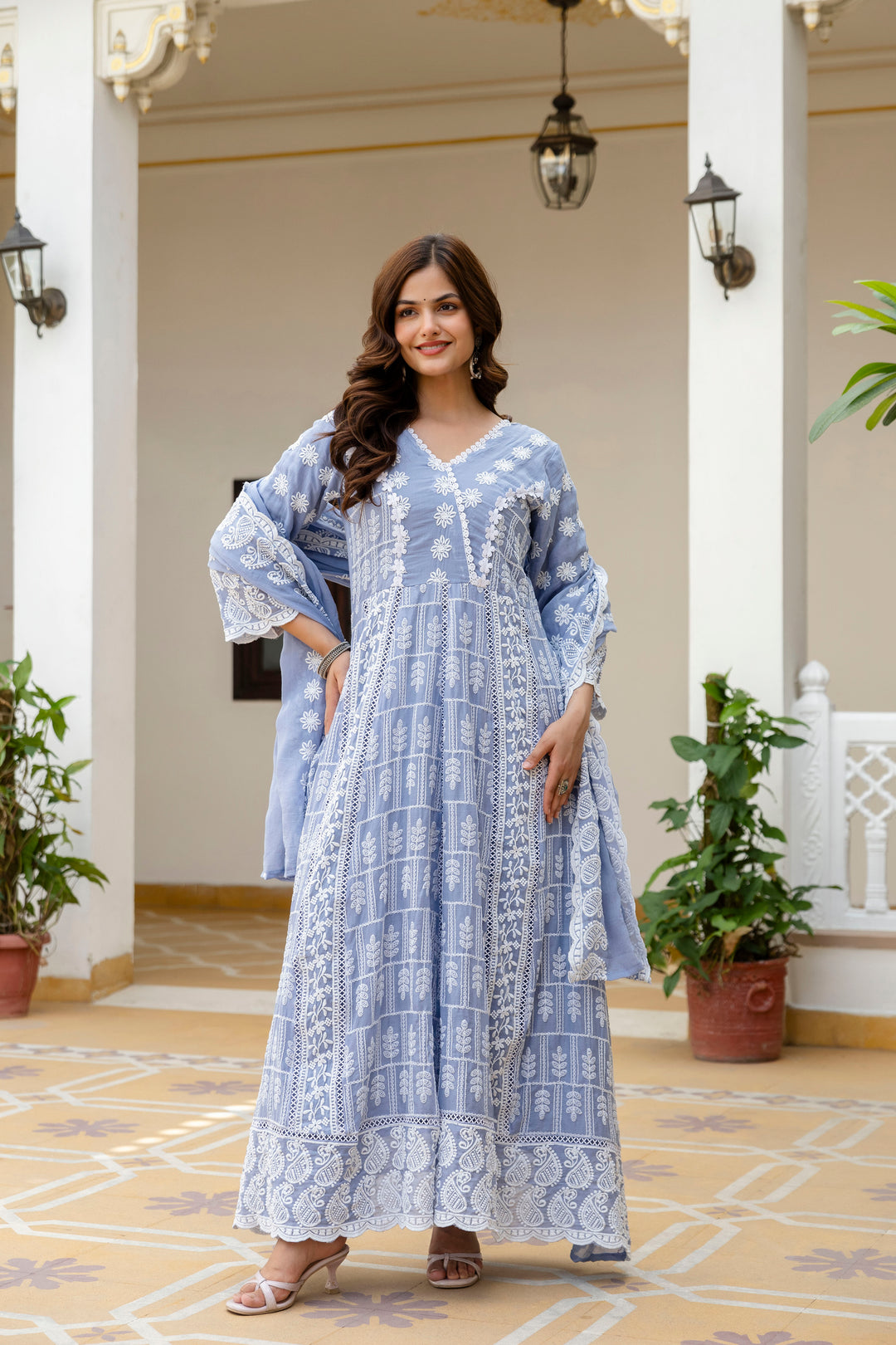 Pure Cotton Sky Color Anarkali Gown