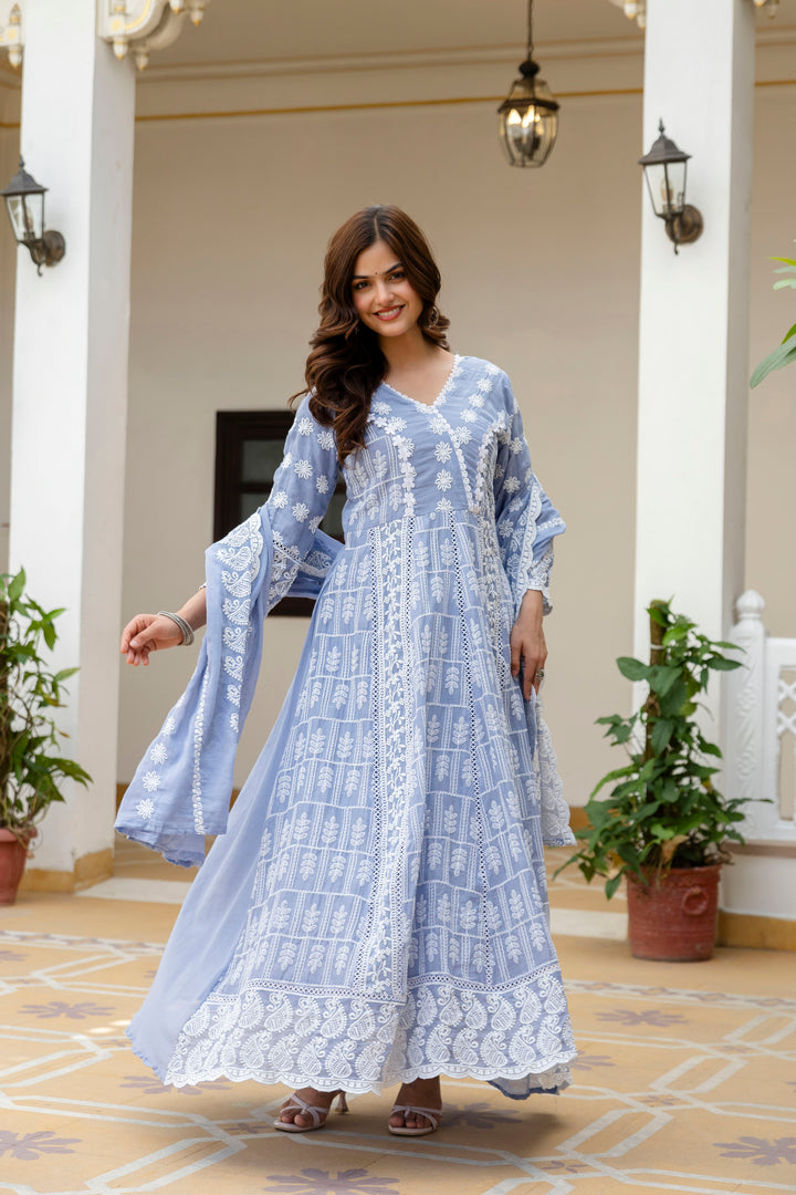 Pure Cotton Sky Color Anarkali Gown