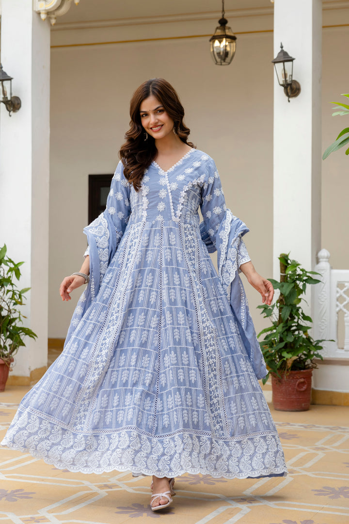 Pure Cotton Sky Color Anarkali Gown