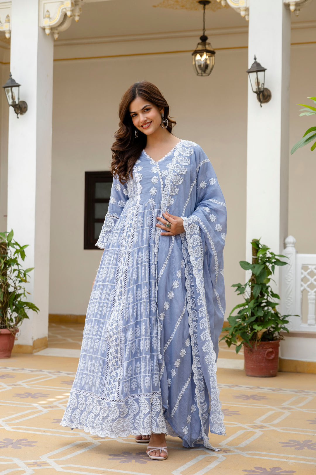 Pure Cotton Sky Color Anarkali Gown