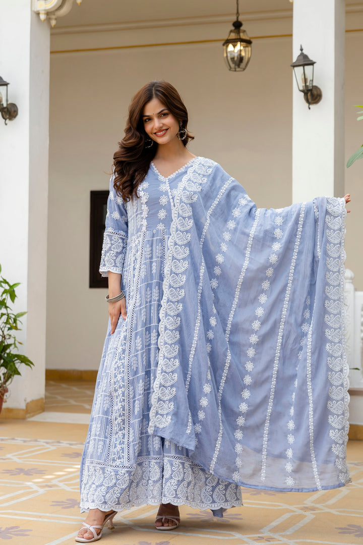 Pure Cotton Sky Color Anarkali Gown