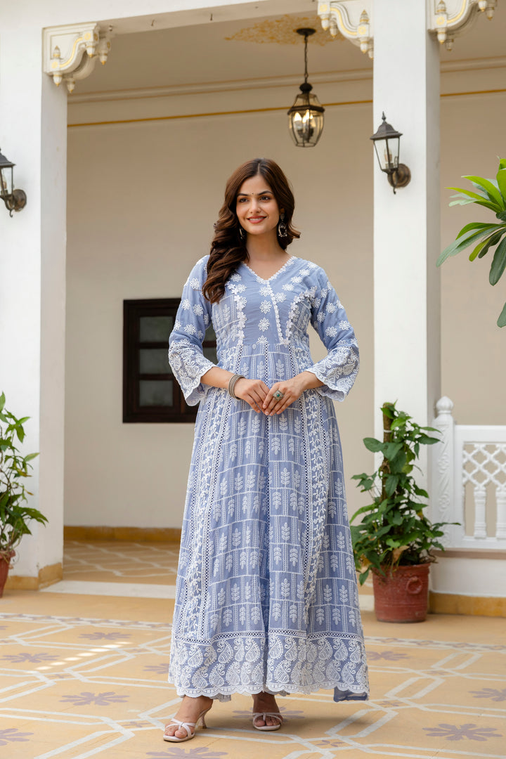 Pure Cotton Sky Color Anarkali Gown