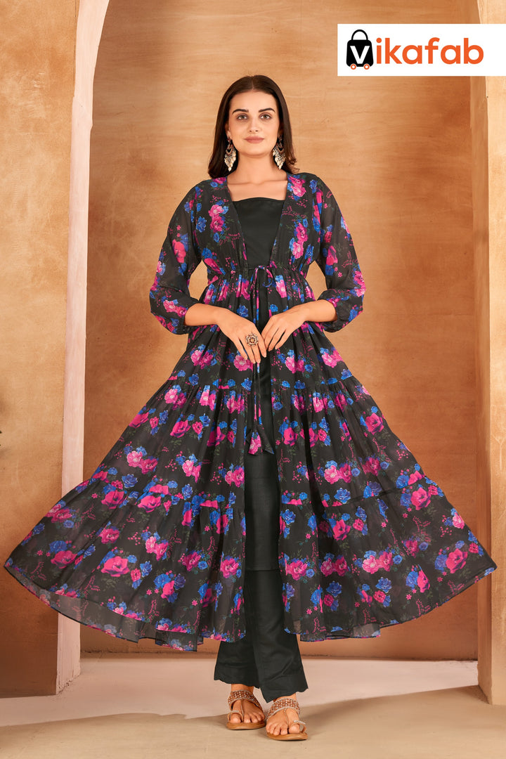 Designer printed Georgette shrug With Maxi And Pant Set