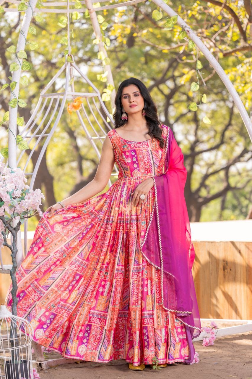 Desinger Rani Pink Printed Anarkali Gown