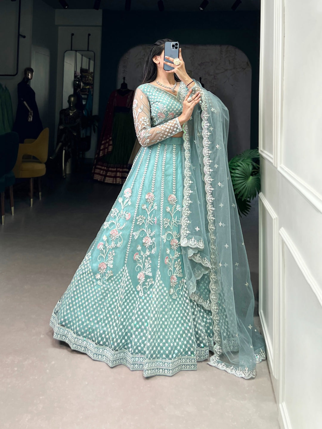 Sequins and Thread Embroidery Work Lehenga Choli