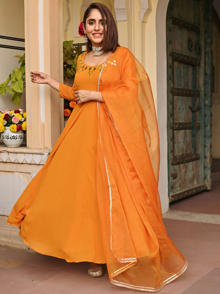 Mustard yellow handwork anarkali Gown