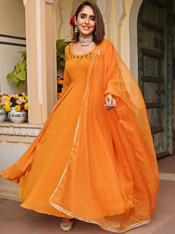 Mustard yellow handwork anarkali Gown