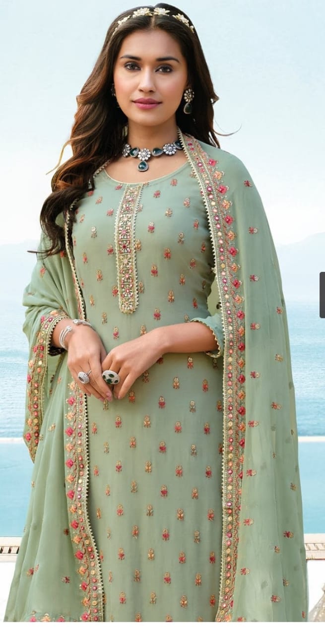Incredible Light Green Pant Style Suit Dupatta Sets