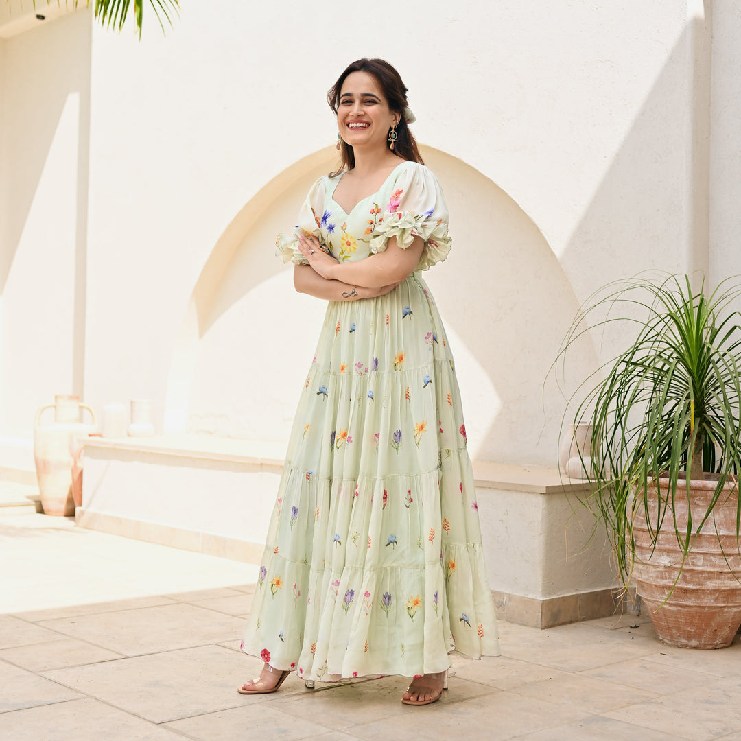 backless Anarkali Printed Gown