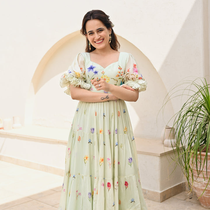 backless Anarkali Printed Gown