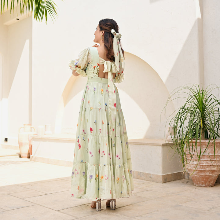 backless Anarkali Printed Gown