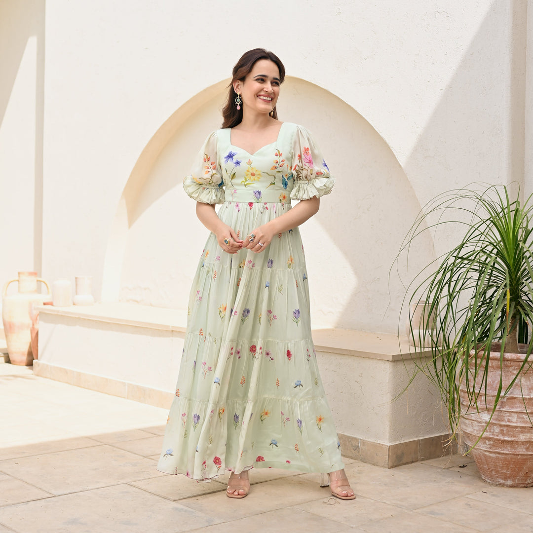 backless Anarkali Printed Gown