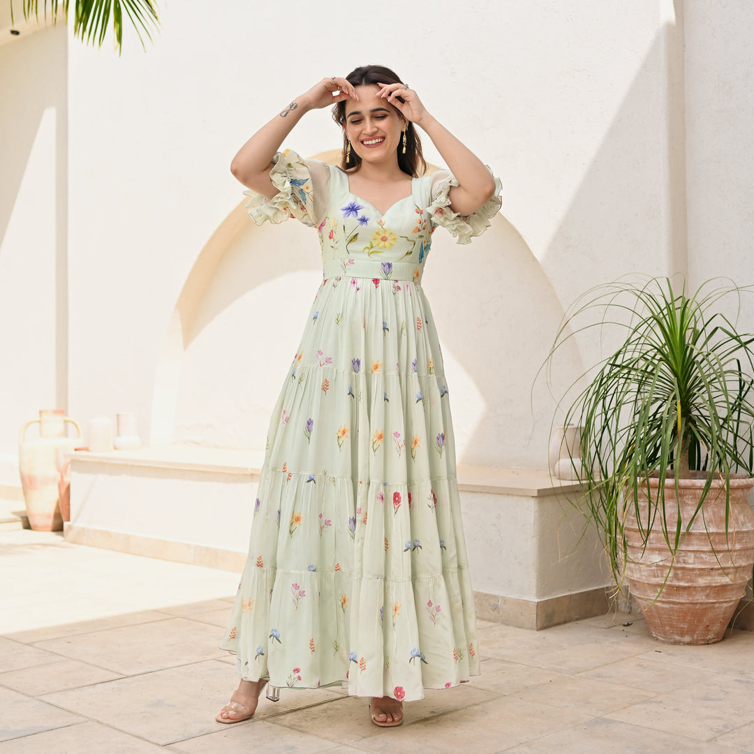 backless Anarkali Printed Gown – Vika Fab